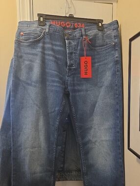 HUGO Men's Medium Blue Slim Straight Jeans with Red Tag